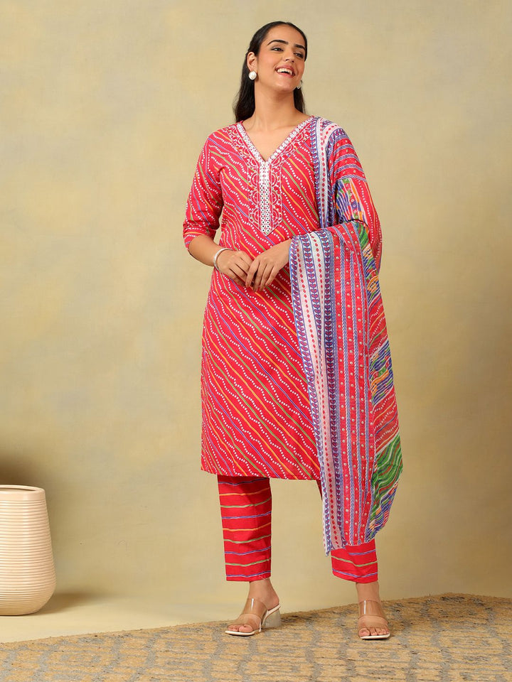 Cermin Bercetak Mamicha Leheriya Berfungsi Kurta Kapas Tulen dengan Seluar & Dengan Dupatta