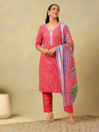 Cermin Bercetak Mamicha Leheriya Berfungsi Kurta Kapas Tulen dengan Seluar & Dengan Dupatta