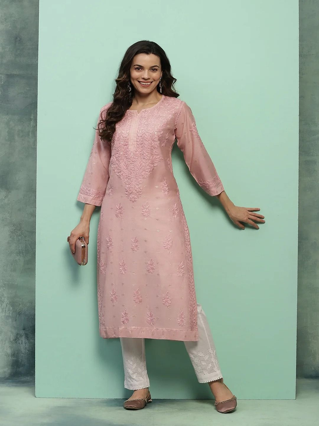 House of Chikankari Women Dust Pink Chanderi Chikankari Embroidered Kurta