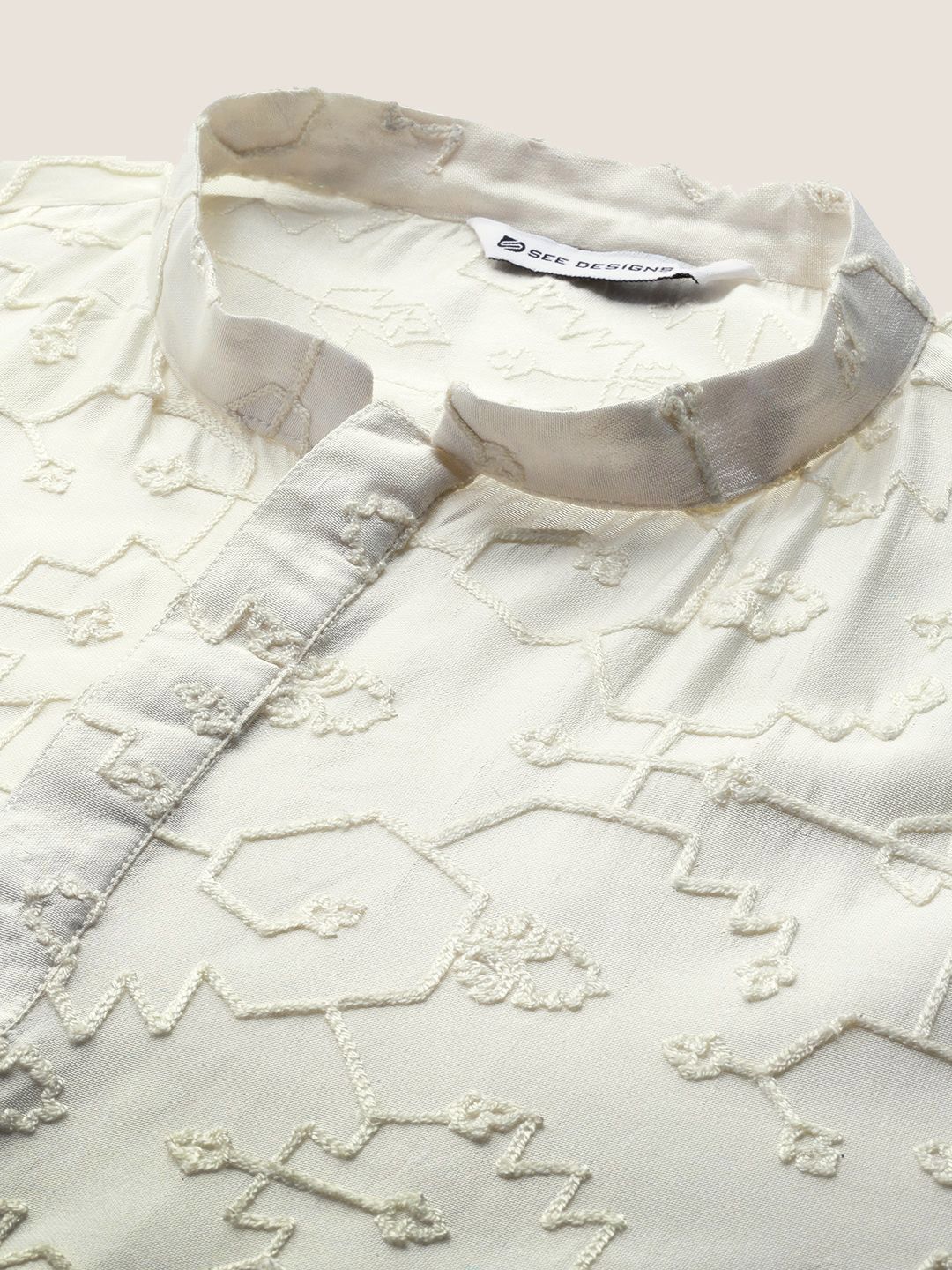 See Designs Woven Design Mandarin Collar Chanderi Silk Straight Kurta