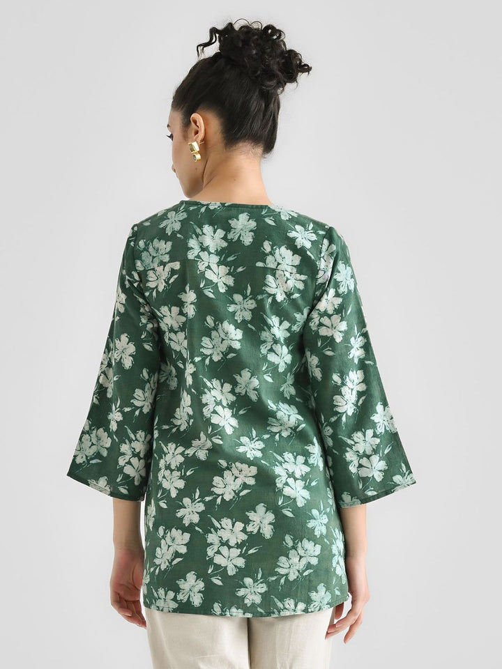 Rustorange Floral Printed V-Neck Pure Cotton Kurti