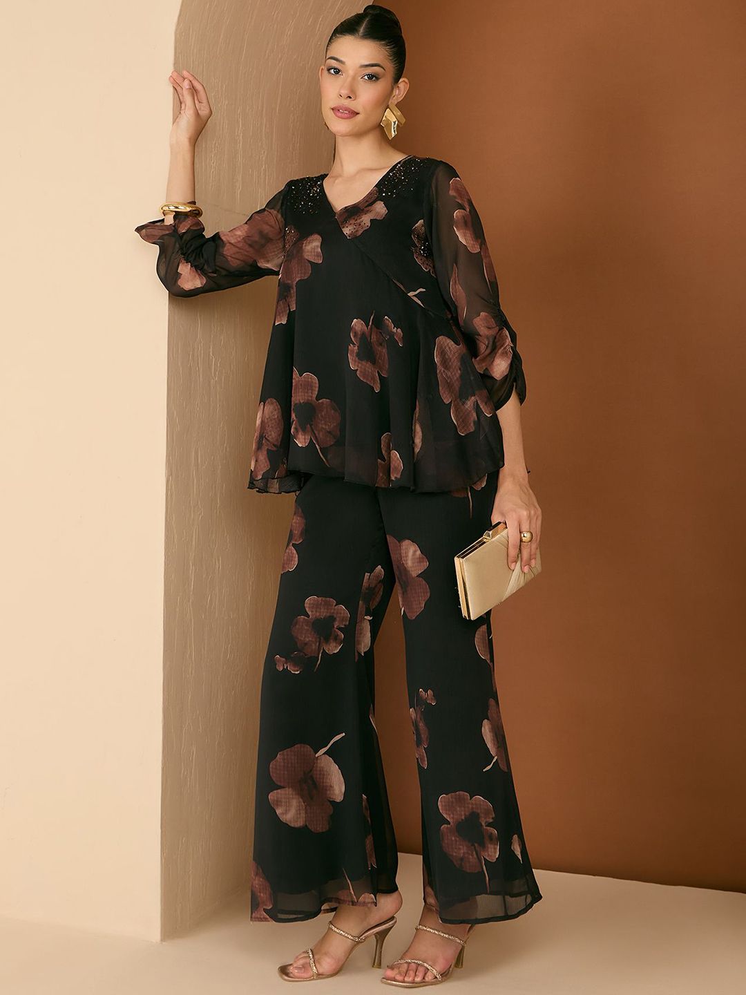 Antheaa Floral Printed Embellished V-Neck Top With Palazzos Co-Ords