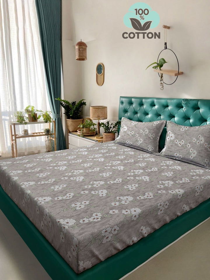 Myntra Elegant Homes Kapas Bunga Kelabu 400 TC Cadar Tempat Tidur King Superfine dengan 2 Sarung Bantal-98 x 89 inci