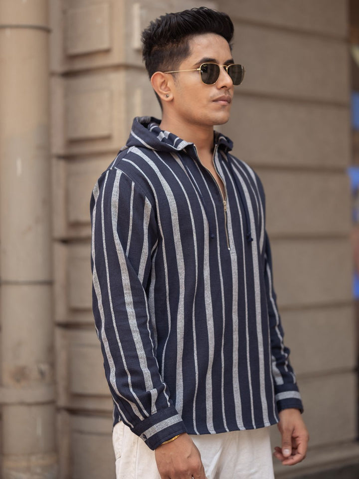 Powerlook Men Vertical Striped Hooded Casual Shirt