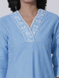 W Floral Embroidered V-Neck Cotton Straight Kurta