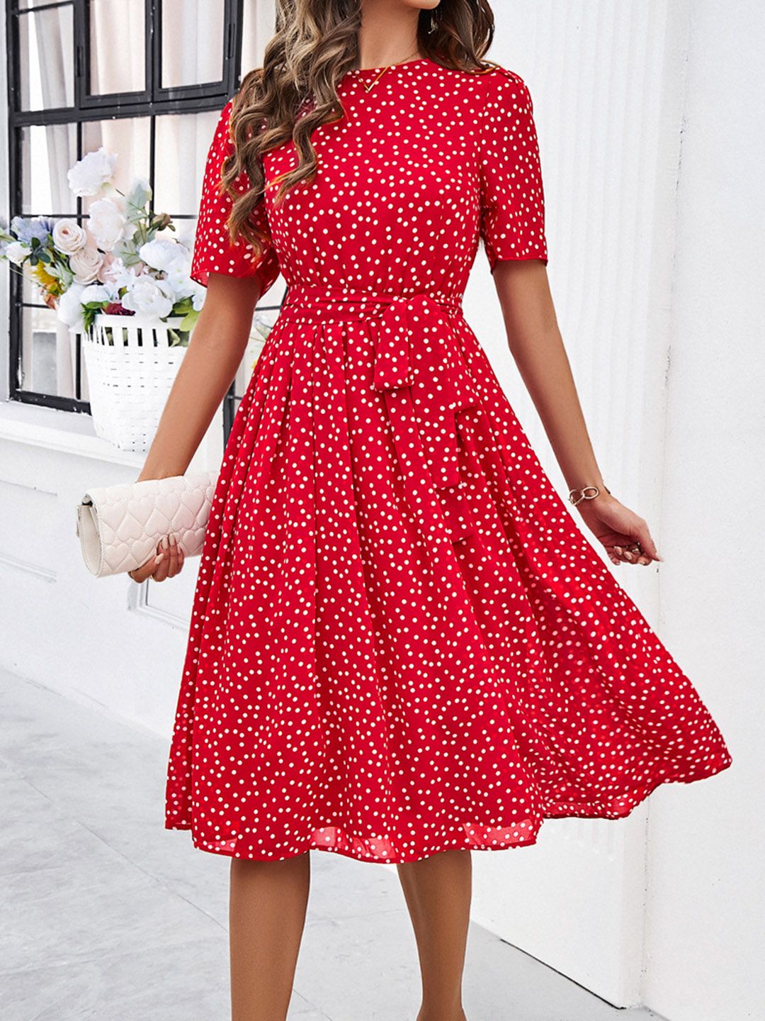 all about you Polka Dot Print Puff Sleeves Fit & Flare Dress