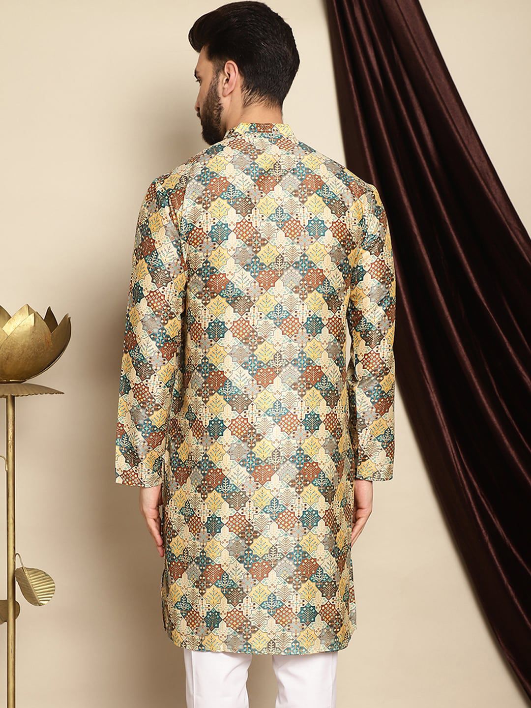 Anouk Green Ethnic Motifs Printed Mandarin Collar Long Sleeves Silk Cotton Straight Kurta