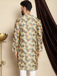 Anouk Green Ethnic Motifs Printed Mandarin Collar Long Sleeves Silk Cotton Straight Kurta