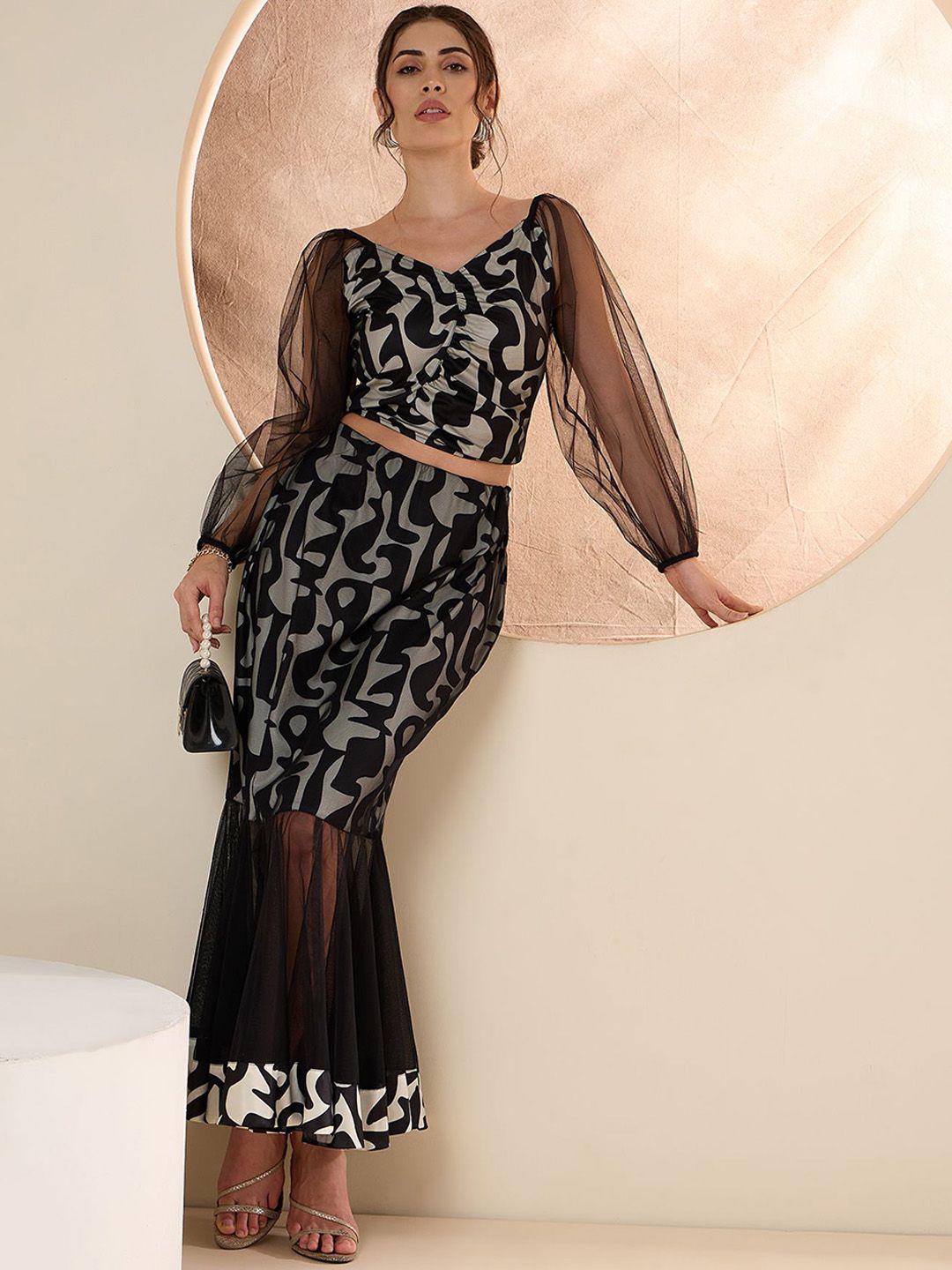 Antheaa Black & White Printed Top With Frilled Skirt