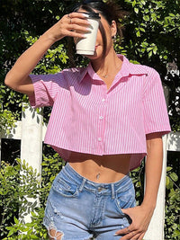 DressBerry Striped Spread Collar Short Sleeves Crop Shirts