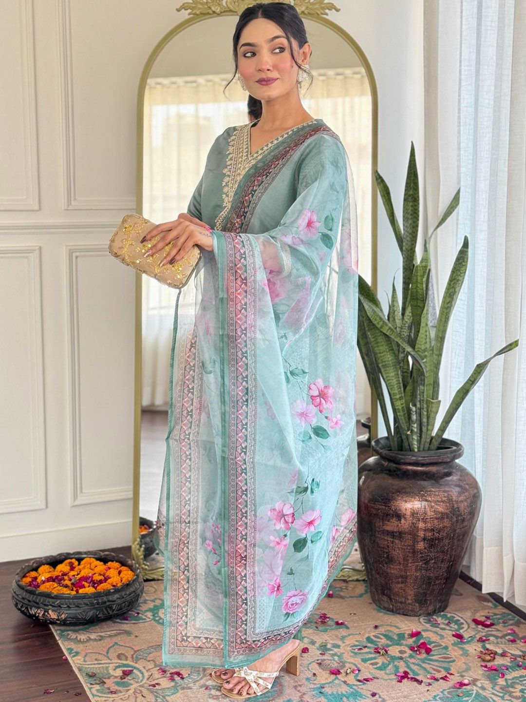 KALINI Women Embroidered Regular Kurta with Trousers & With Dupatta