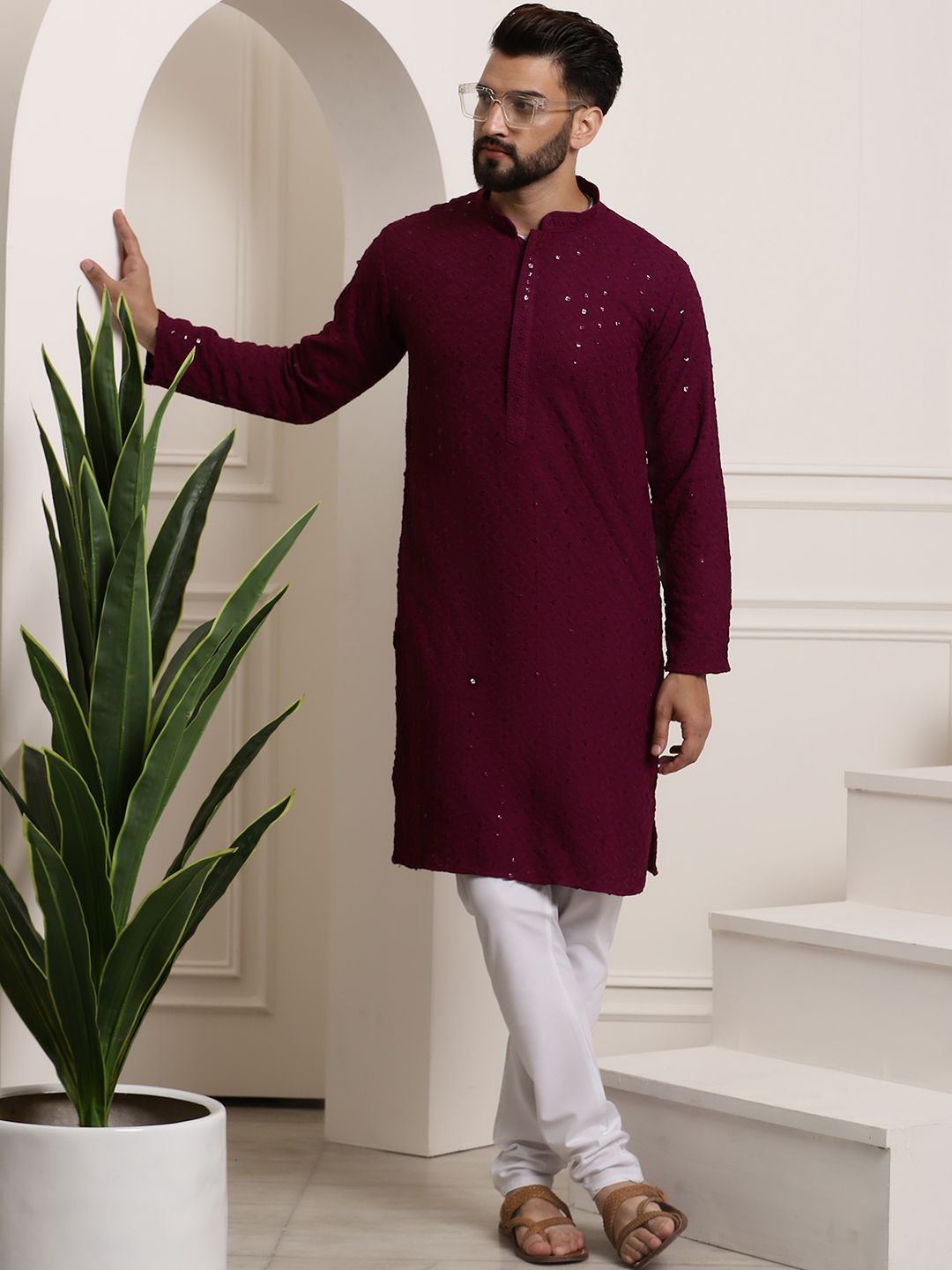 SOJANYA Lelaki Ungu Benang Kerja Kurta