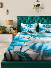 KLOTTHE Biru & Kelabu Bercetak Bunga Dilengkapi Cadar Katil Super King 300 TC Dengan 2 Sarung Bantal