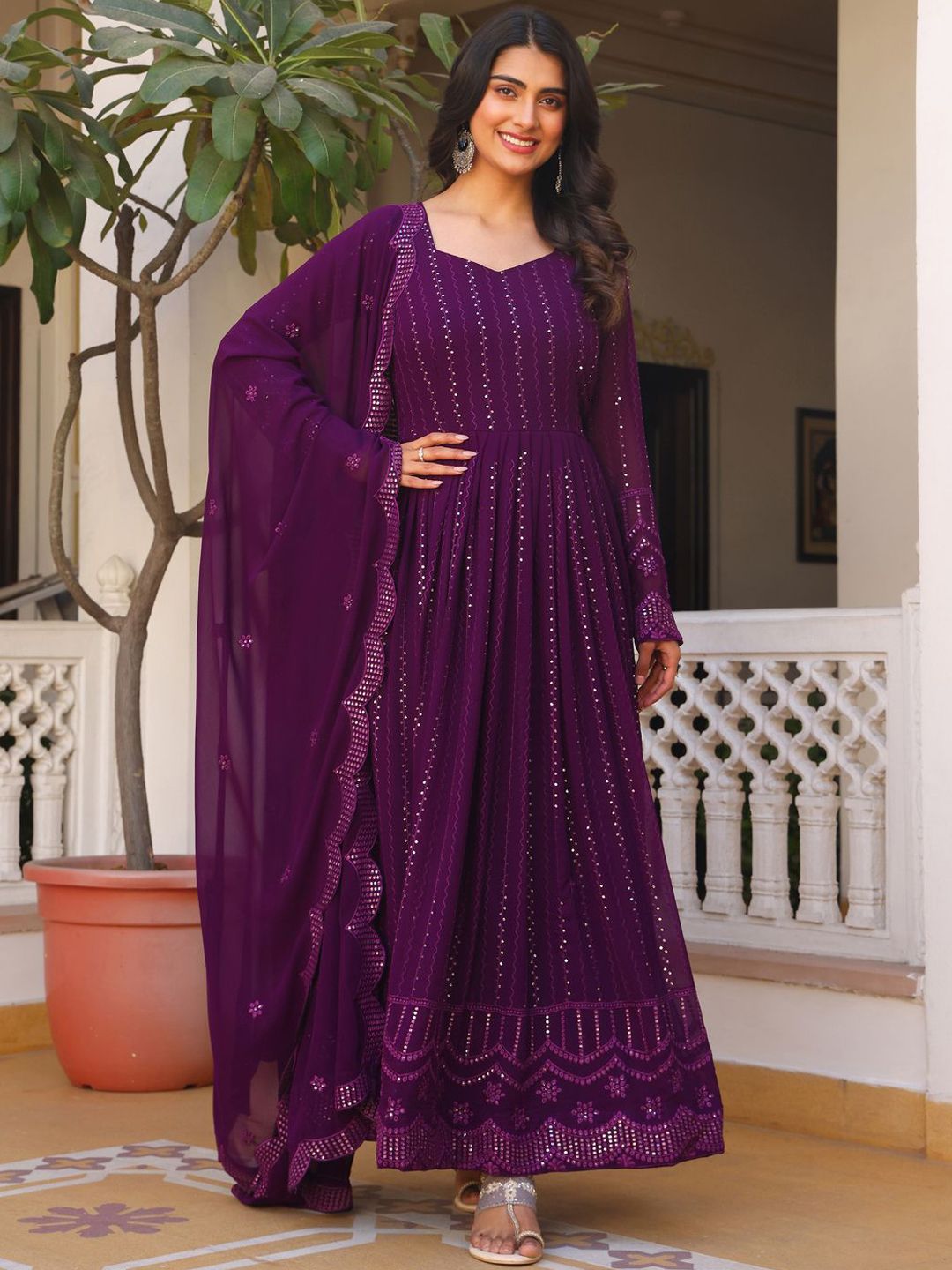 KALINI Striped Sweetheart Neck Thread Work Georgette Anarkali Kurta With Pyjamas & Dupatta