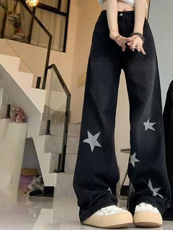 DressBerry Women Cotton High-Rise Light Fade Star Printed Wide Leg Jeans