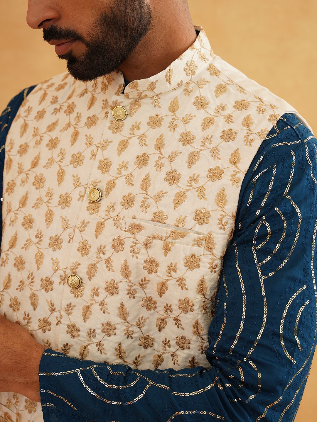 SOJANYA Leheriya Sequinned Band Collar Pure Cotton Kurta With Churidar And Nehru Jacket