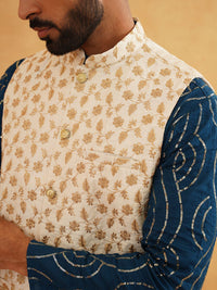 SOJANYA Leheriya Sequinned Band Collar Pure Cotton Kurta With Churidar And Nehru Jacket