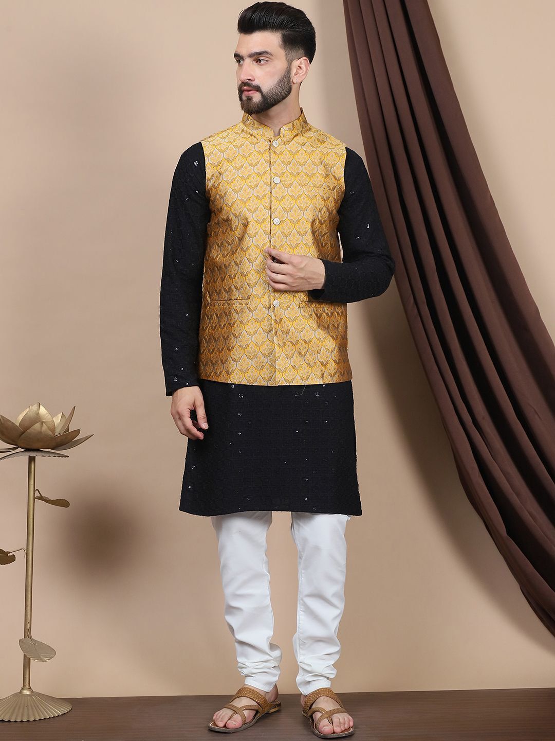 Anouk Black Geometric Embroidered Sequinned Pure Cotton Straight Kurta with Churidar