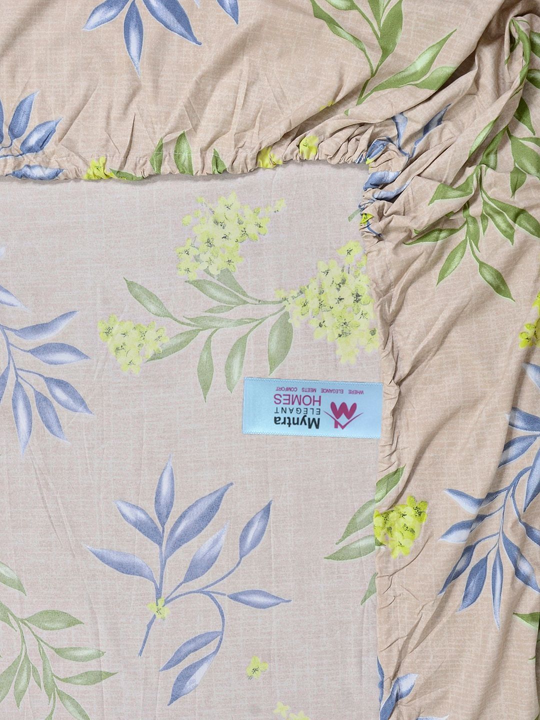 Myntra Elegant Homes Beige & Blue Floral 300 TC Cadar Katil King dengan 2 Sarung Bantal
