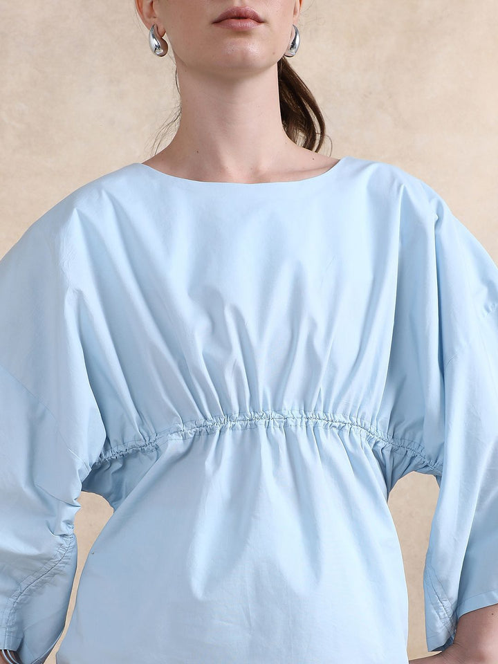 RAREISM Women Flared Sleeves Cotton Cinched Waist Top