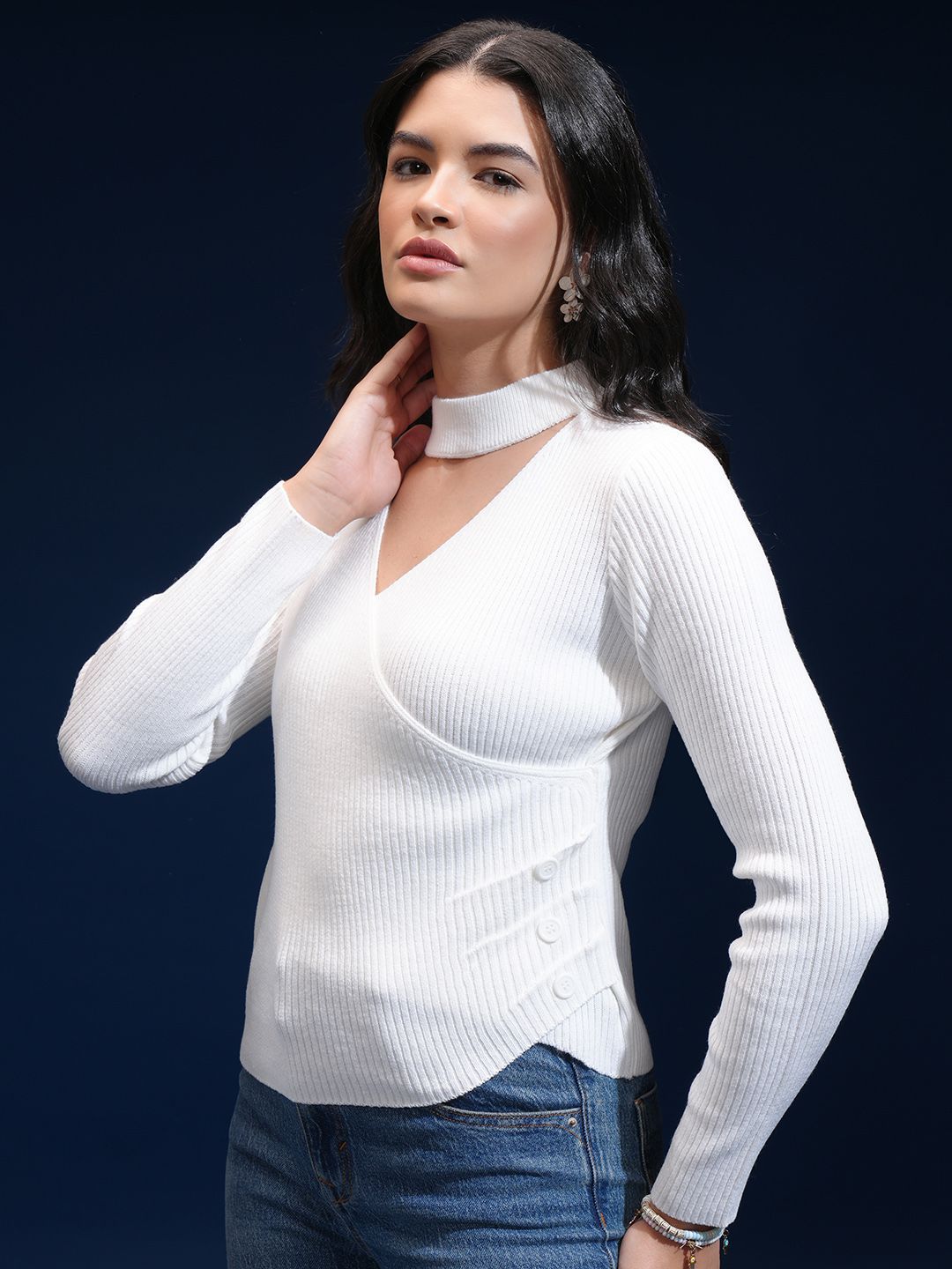 Tokyo Talkies Women Ribbed Choker Neck Pullover