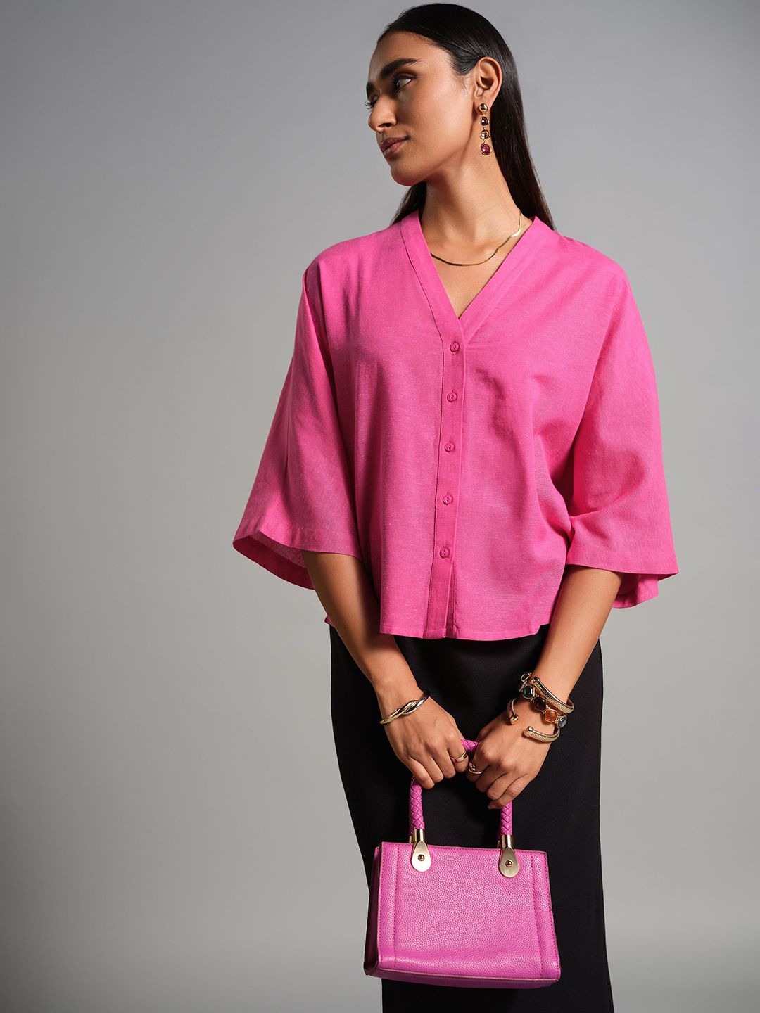 AND Women Solid V-Neck Shirt Style Top