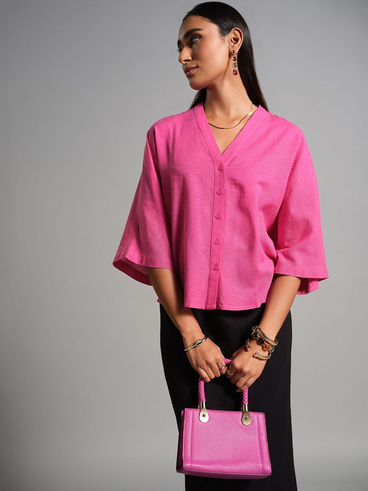AND Women Solid V-Neck Shirt Style Top