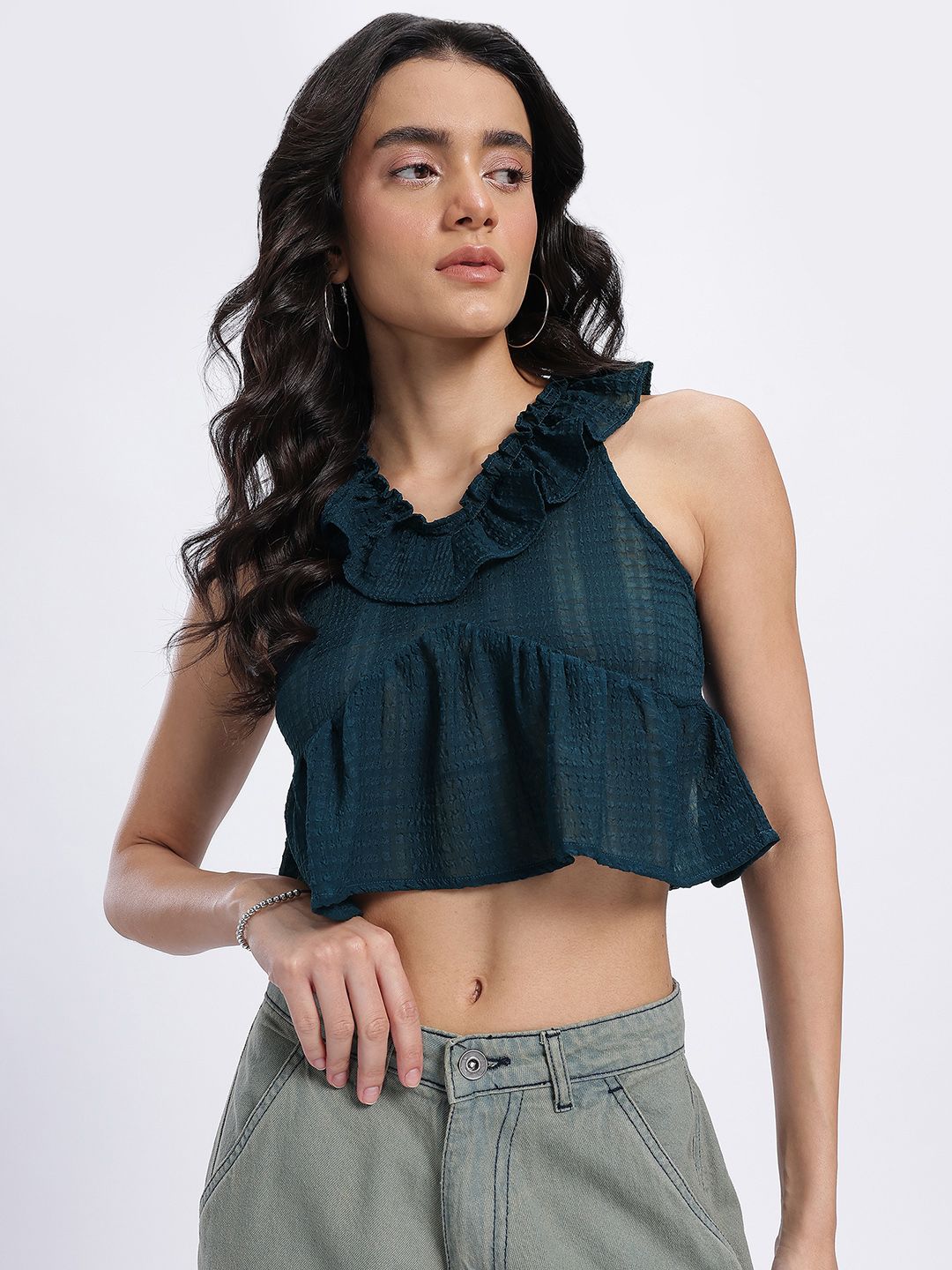 DressBerry Semi Sheer Ruffled Seersucker Empire Crop Top