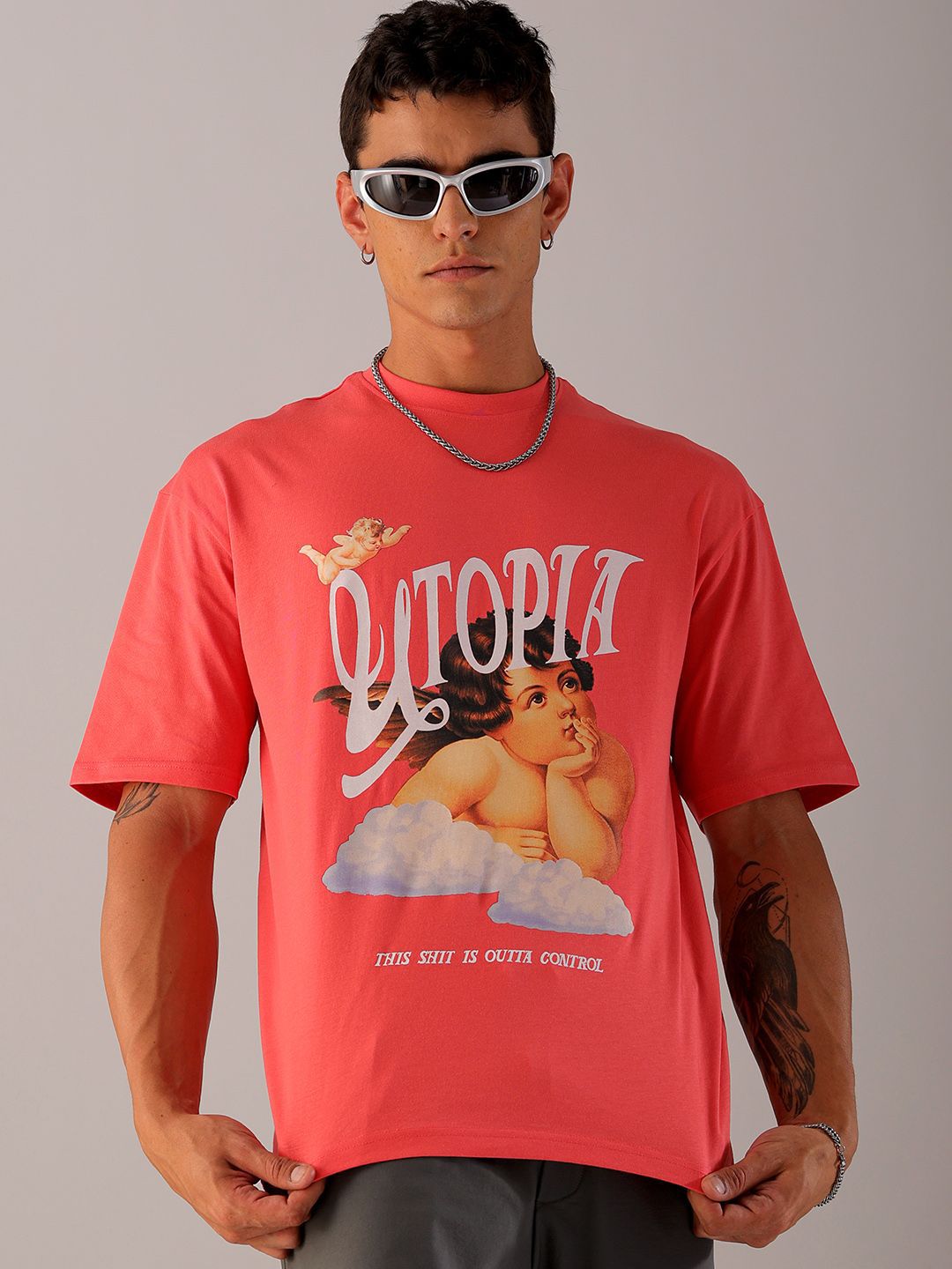 The Indian Garage Co Pure Cotton Typography Printed Boxy Oversized Round Neck T-shirt