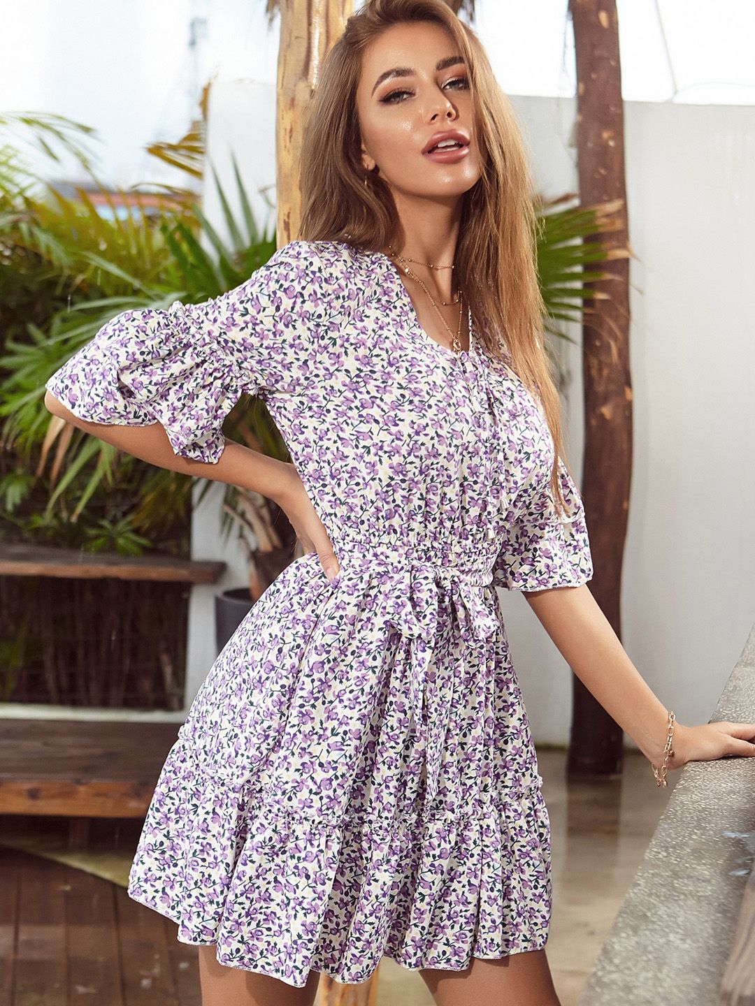 DressBerry Floral Print Flared Sleeve Belted A-Line Dress