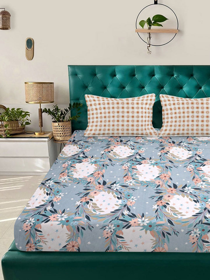Aura Blue & White Floral Printed Set Cadar King 300 TC 2.5 m x 2.25 m