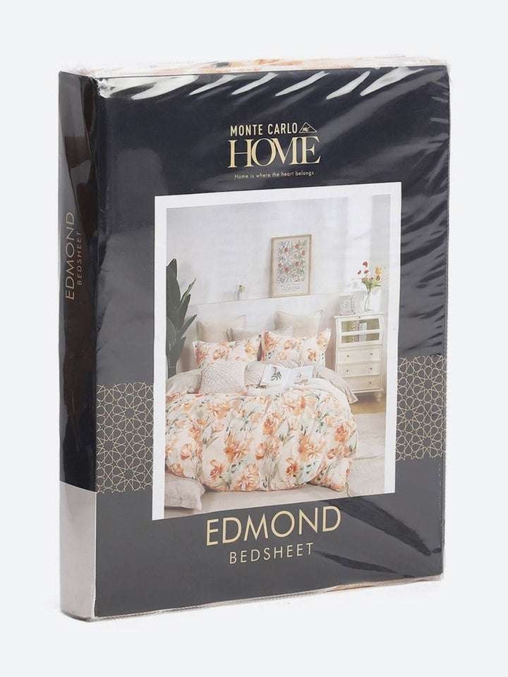 Monte Carlo Edmond White & Orange Floral Printed 144 TC King Bedsheet Set 2.70 m x 2.70 m