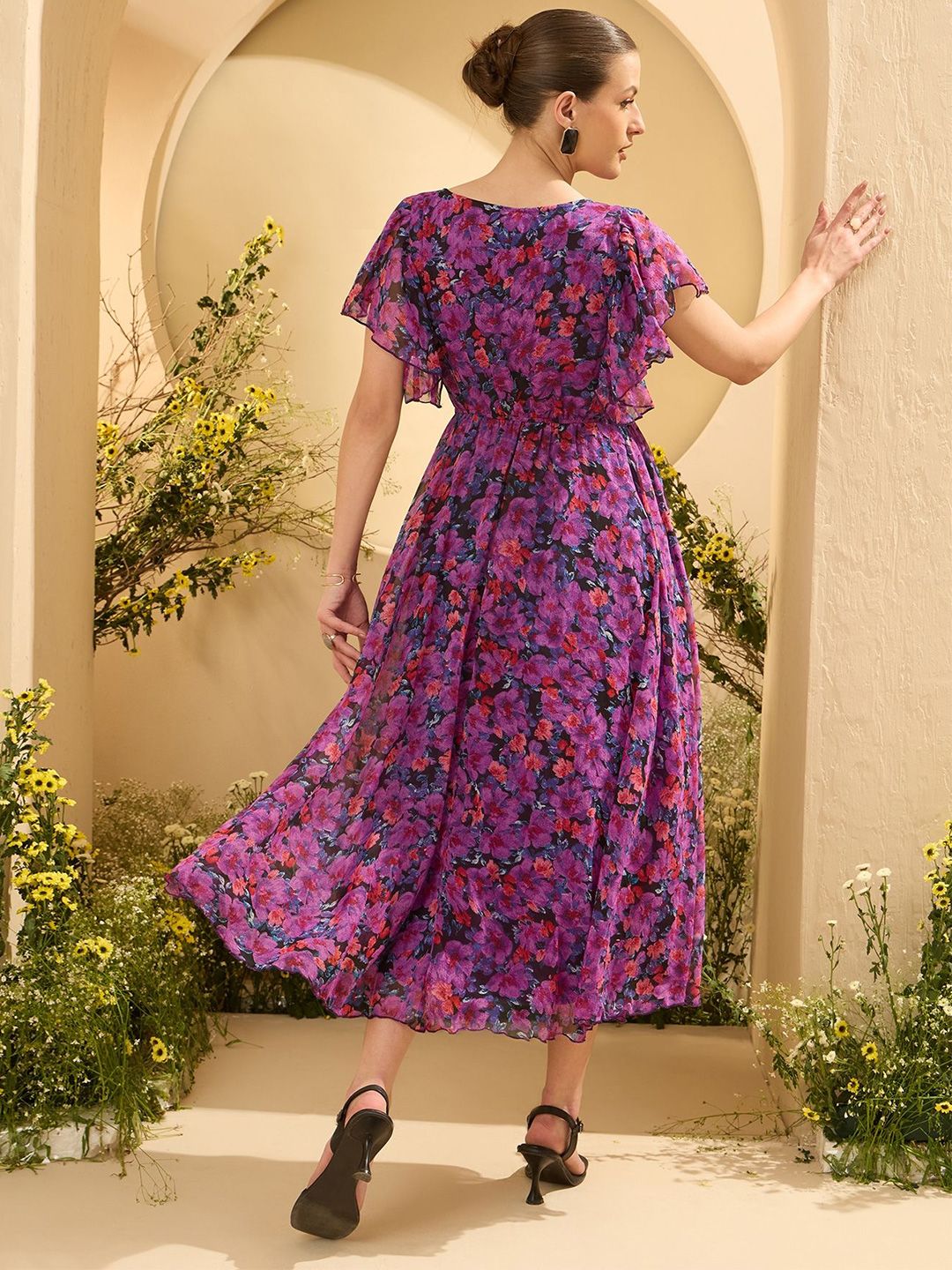 Antheaa Women embroidered & Floral Printed Flared Sleeves Fit and Flare Maxi Dress