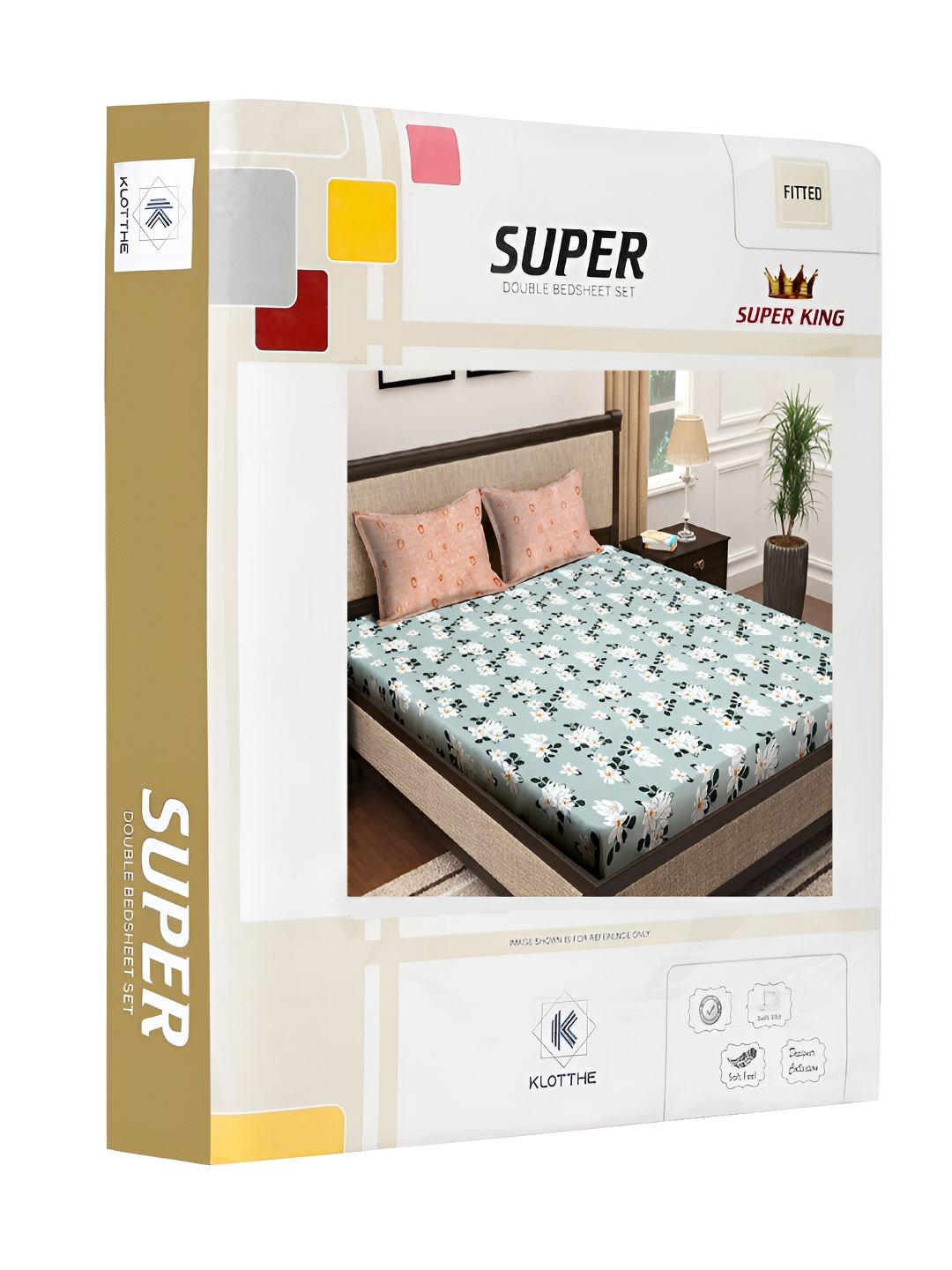 KLOTTHE Day Night Collection Green Floral Cotton 300 TC Fitted Super King Fine Bedsheet with 2 Pillow Covers-106 x 106 inches