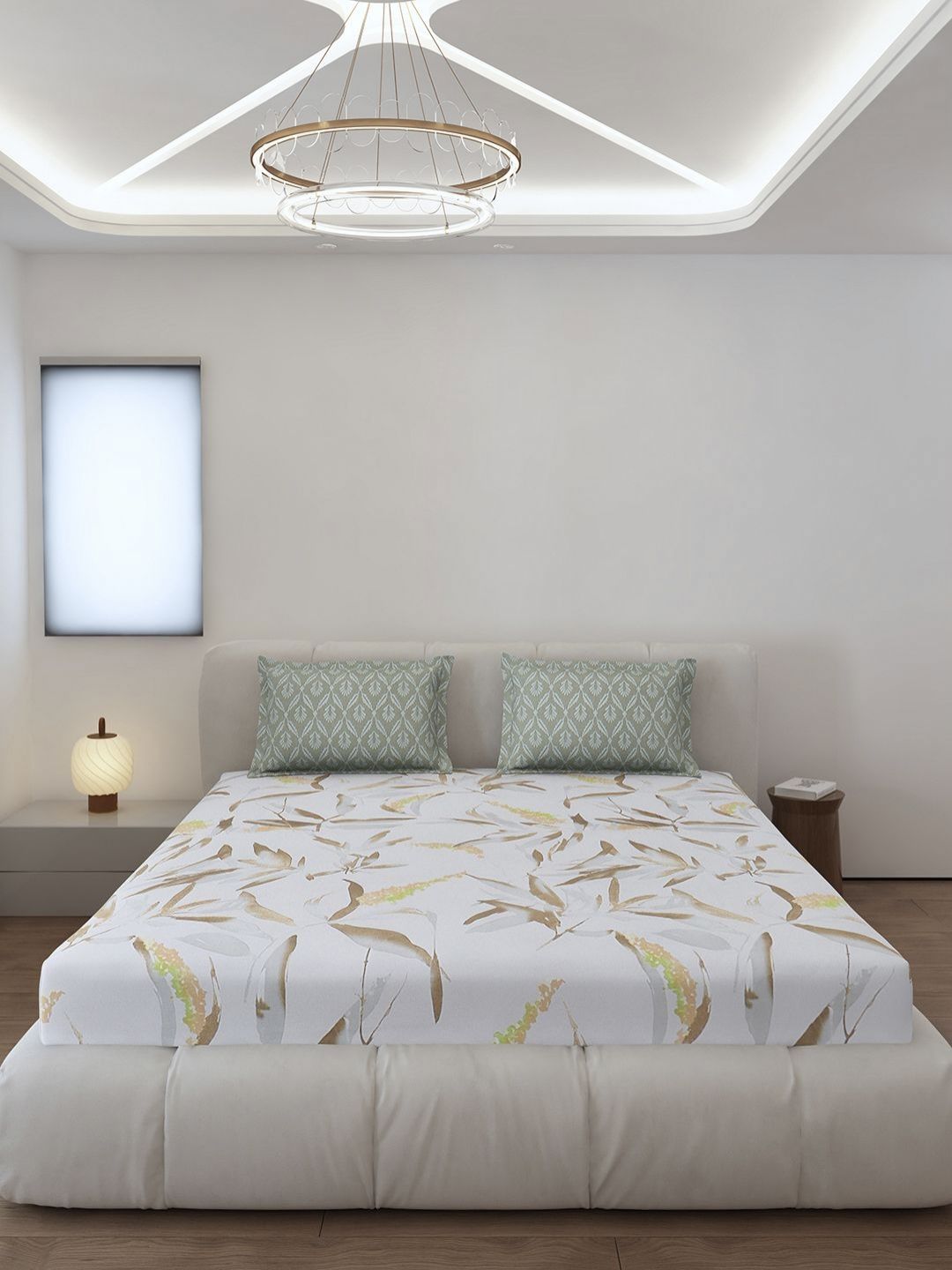 Monte Carlo Stanley White & Olive Green Printed 144 TC King Bedsheet Set 1.85 m x 1.95 m
