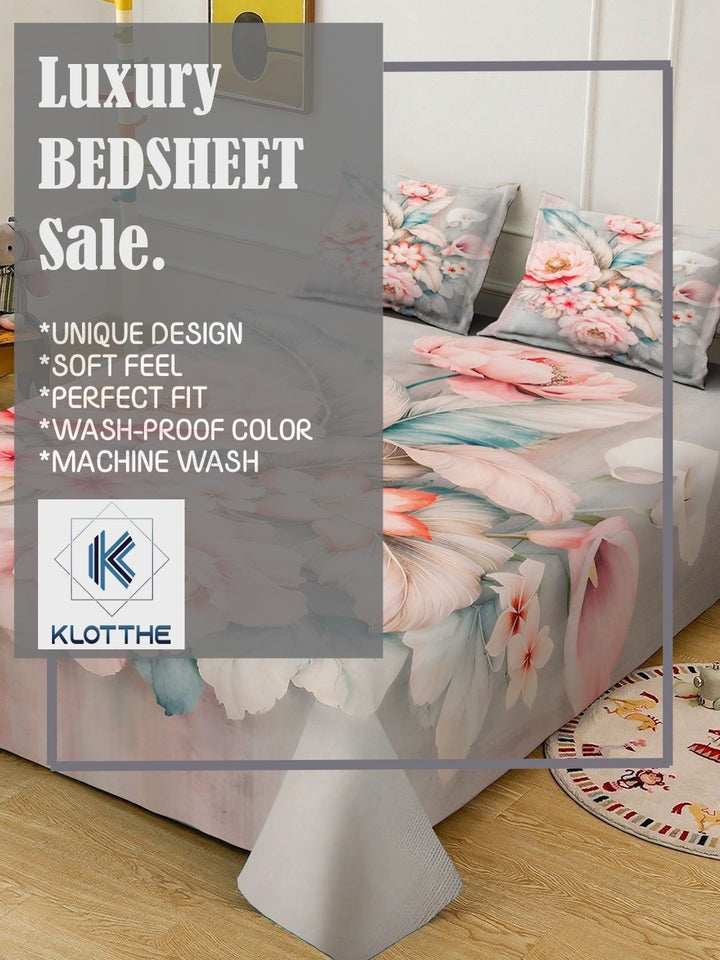KLOTTHE Grey & Pink Floral 300 TC King Fine Bedsheet Set - 98 Inci x 90 Inci