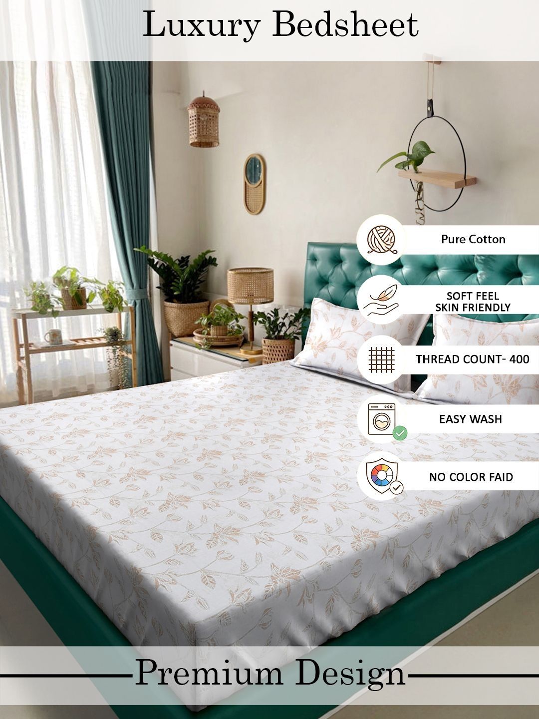 Myntra Elegant Homes White Floral 400 TC Bedsheet with 2 Pillow Covers