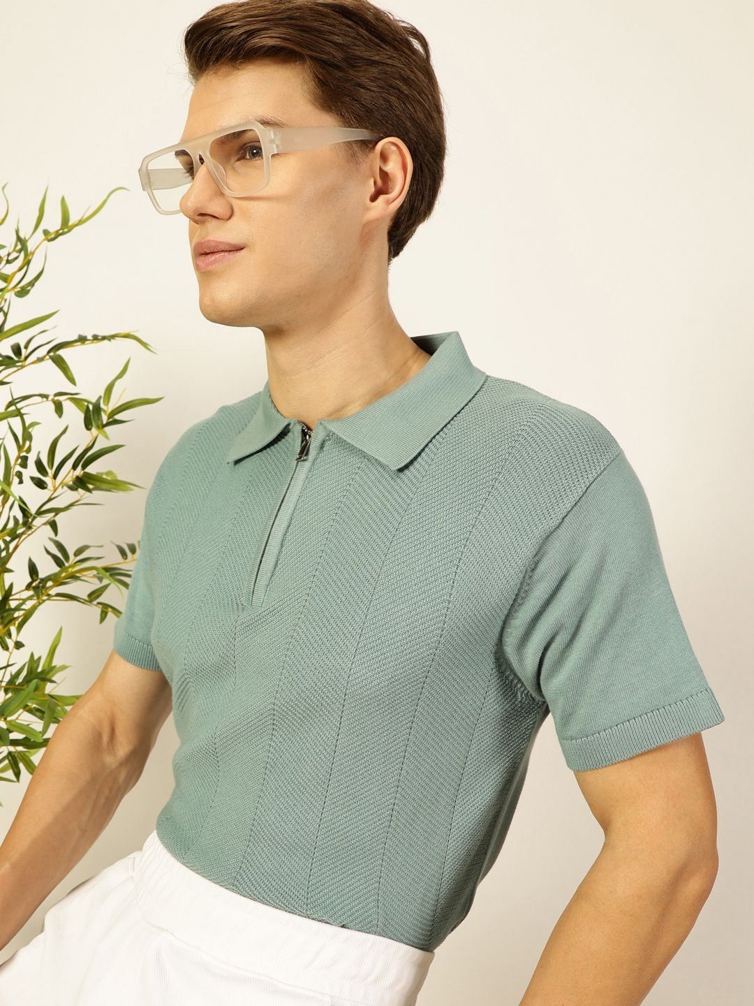 Thomas Scott Men Bio Finish Self Design Polo Collar Cotton T-shirt