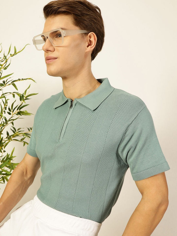 Thomas Scott Men Bio Finish Self Design Polo Collar Cotton T-shirt