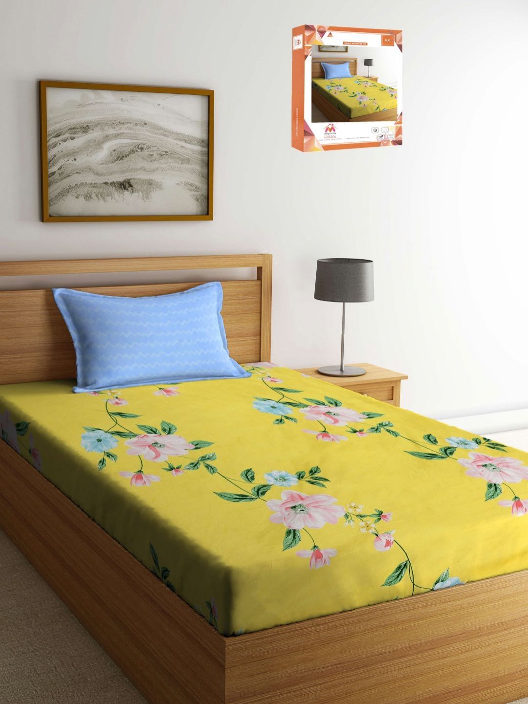 Myntra Elegant Homes Yellow Floral Polycotton Breathable 300 TC Single Fine Bedsheet with a Pillow Cover-89 x 59 inches