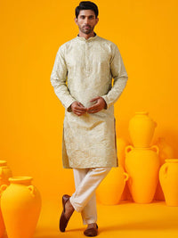 SOJANYA LUXE Geometrik Sulam Kolar Mandarin Benang Kerja Kurta Lurus