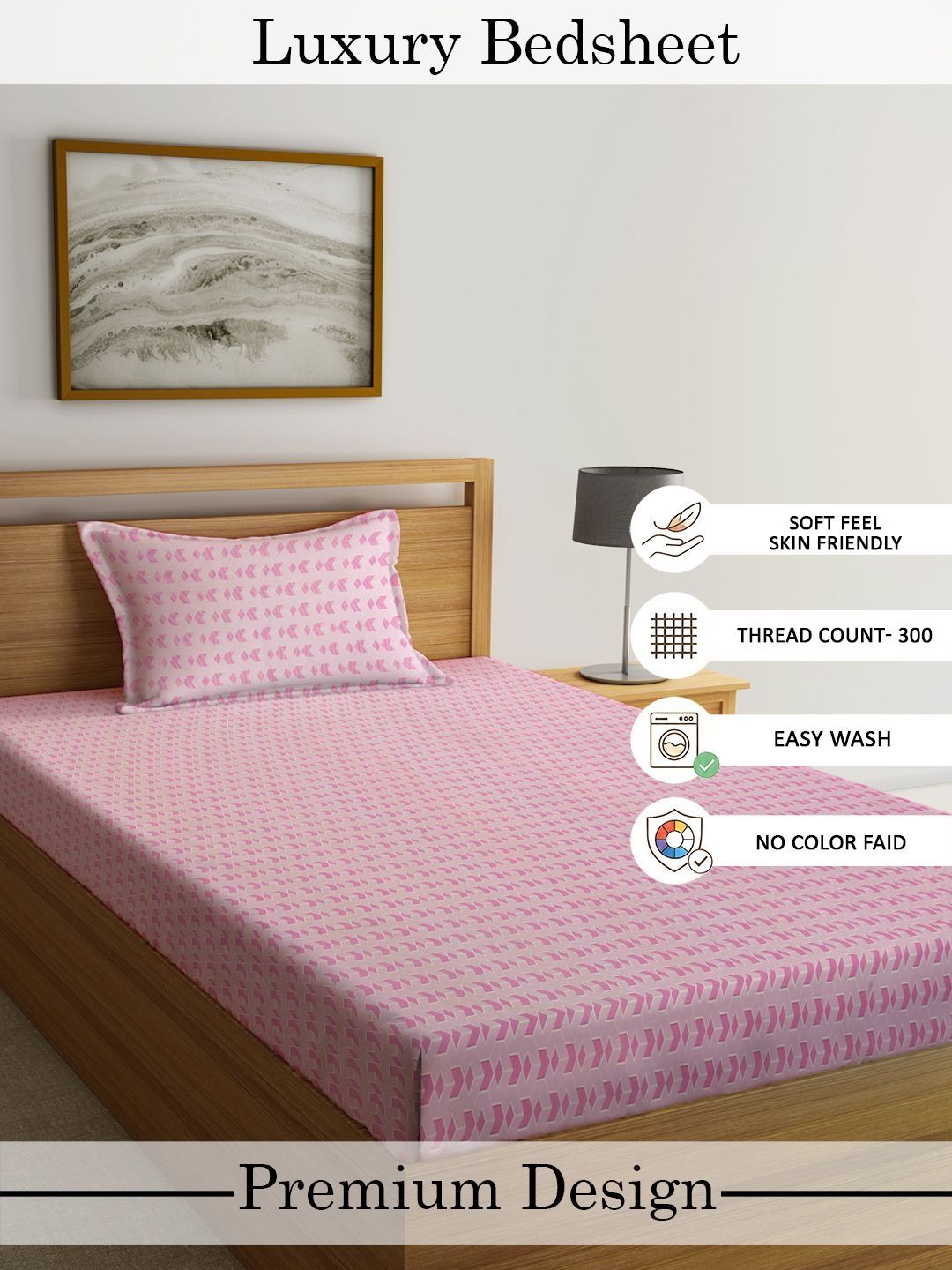 Myntra Elegant Homes Pink Geometric 300 TC Single Bedsheet with 1 Pillow Covers