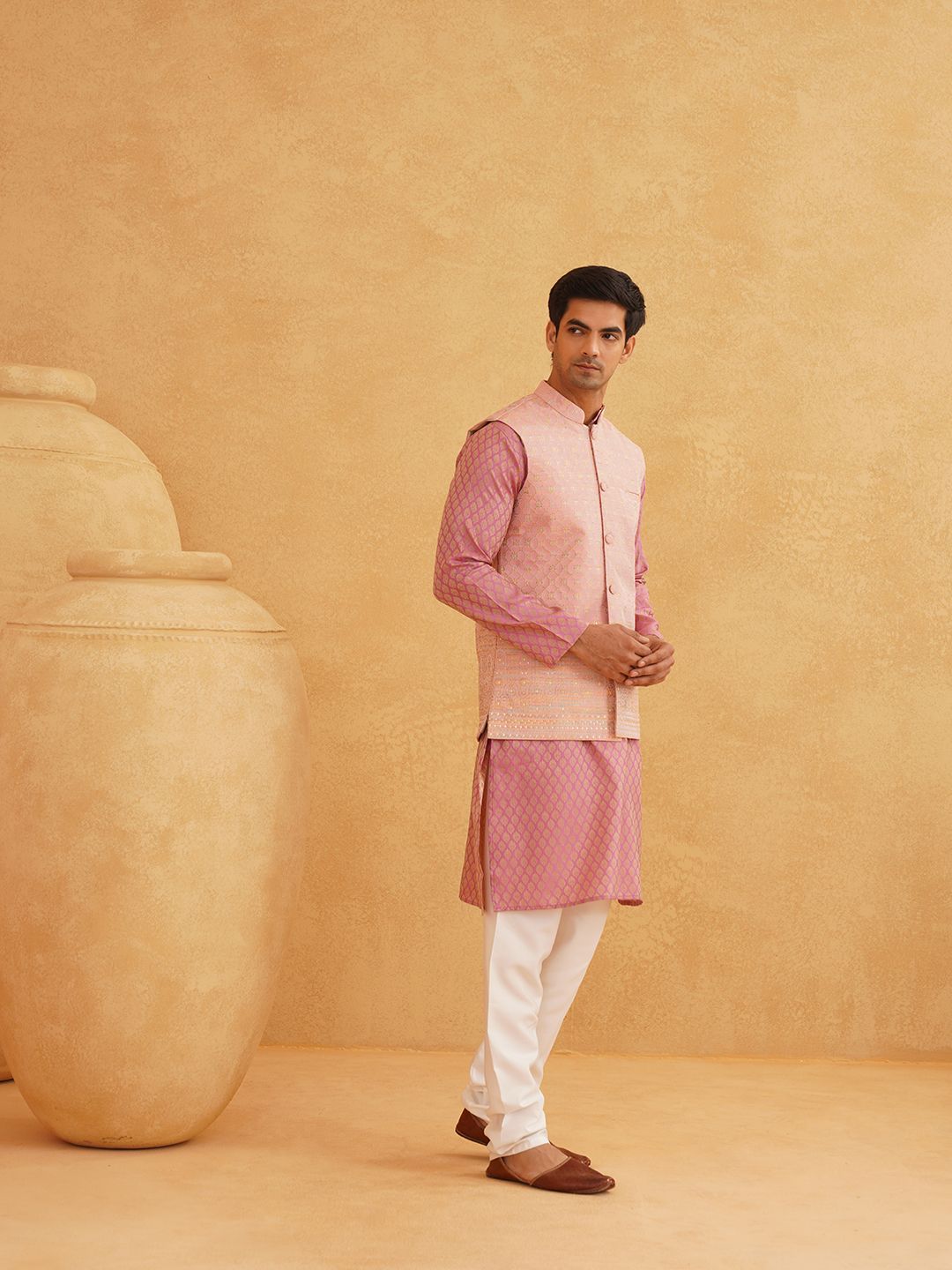 SOJANYA Floral Woven Design  Mandarin Collar Straight Kurta With Churidar & Nehru Jacket