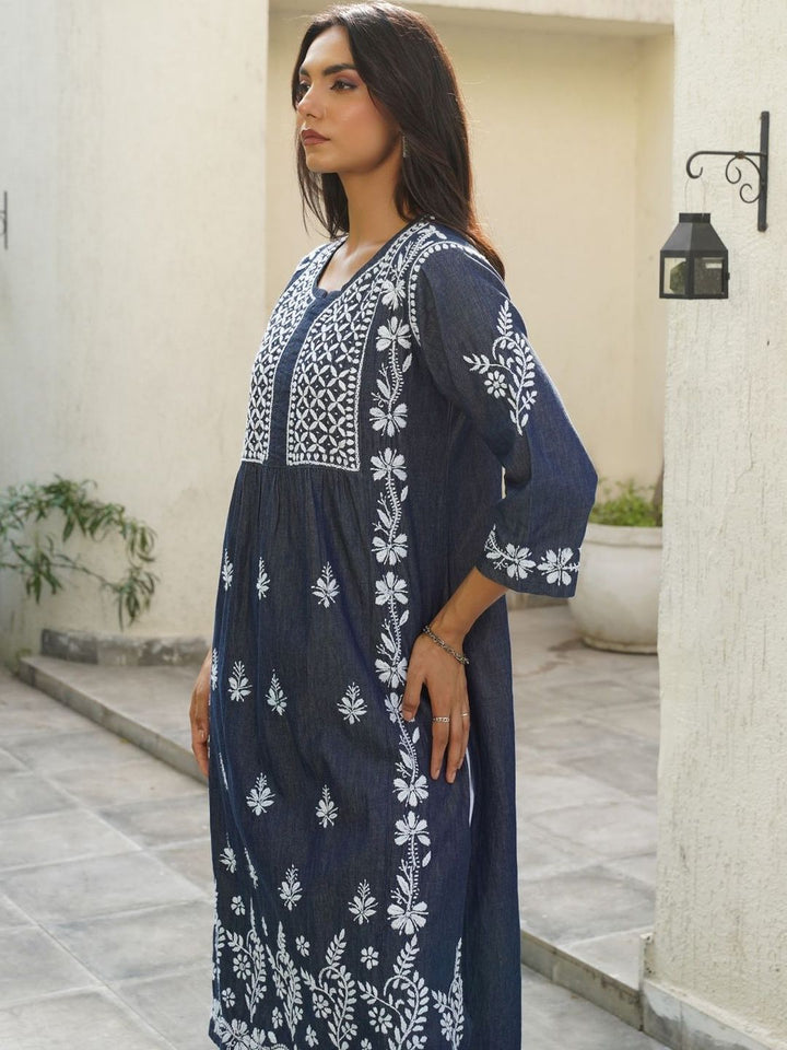 House of Chikankari Women Solid Blue Denim A-Line Kurta