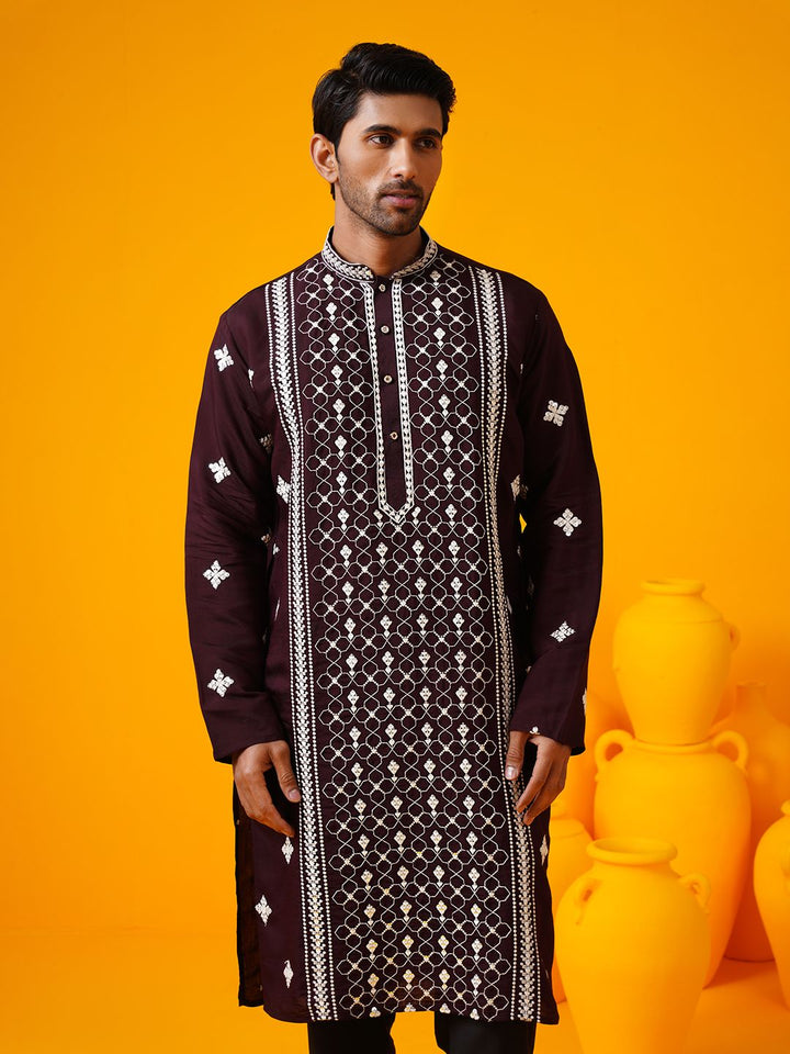 SOJANYA LUXE Kolar Mandarin Sulam Bunga Berlabuci Kurta Lurus Dengan Seluar