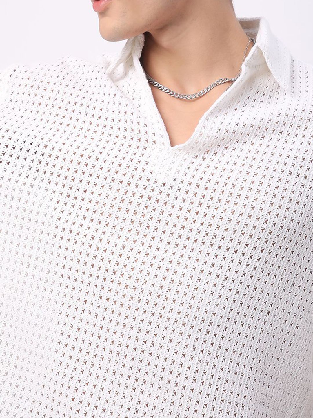 VASTRADO Oversized Classic Crochet Polo Collar Cotton T-Shirt