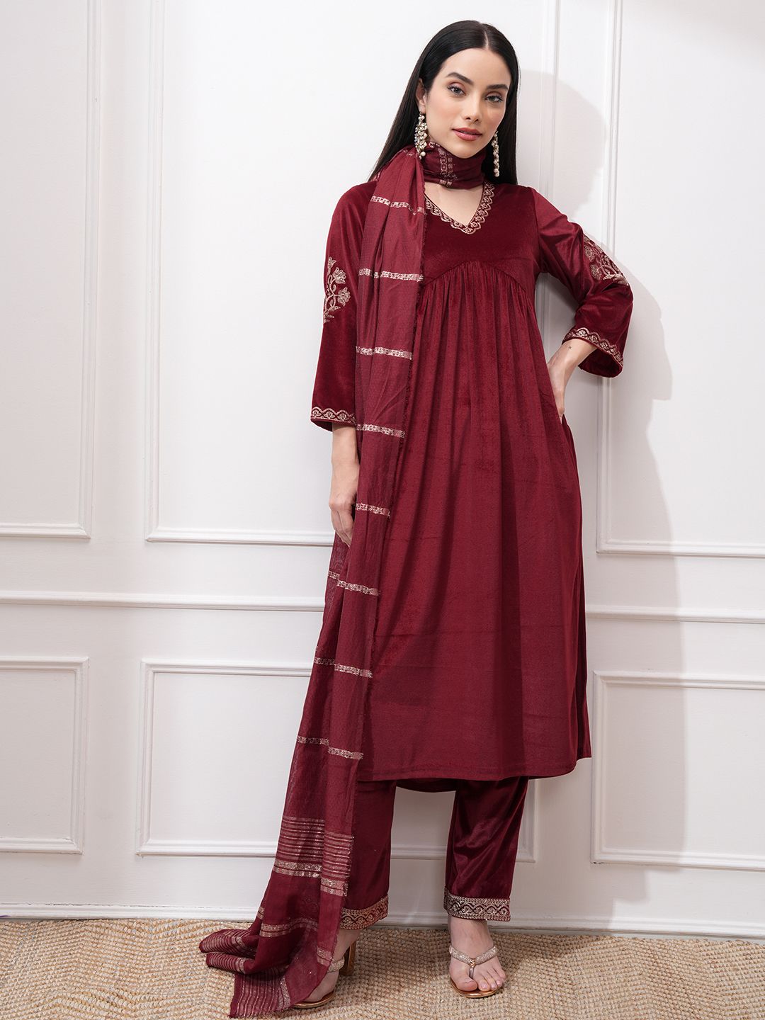 Vishudh Women Ethnic Motifs Embroidered Regular Kurta with Trousers & With Dupatta