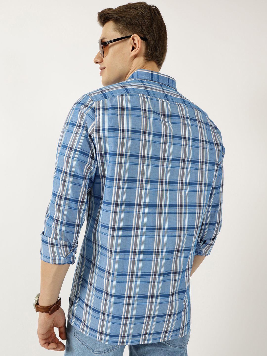 Thomas Scott Men Classic Spread Collar Tartan Checked Cotton Slim Fit Casual Shirt