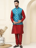 SOJANYA Mandarin Collar Silk Cotton Kurta With Churidar & Woven Design Nehru Jacket