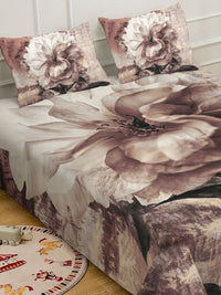 KLOTTHE Brown Floral Printed 400TC Double King 7D Bedsheet With 2 Pillow Cover-250X225 cm
